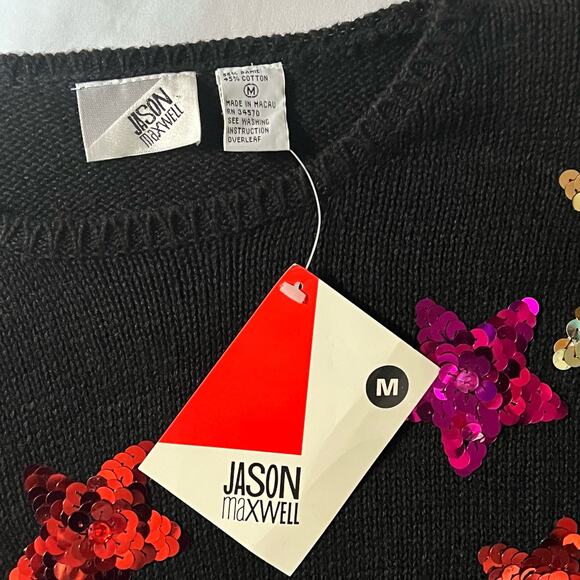 Vintage 90s Jason Maxwell Sequin Star Sweater - NWT Black Rainbow Stars Medium - Picture 6 of 12